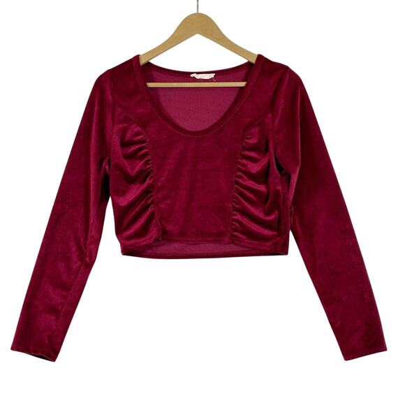 Altar’d State V-Neck Crop Top Womens M Maroon Red Velvet Long Sleeve Ruched - Picture 1 of 5